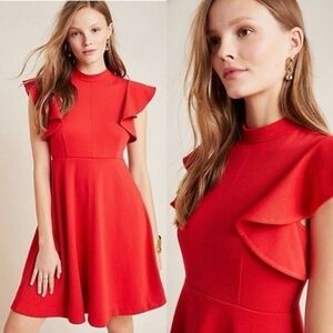 Anthropologie Maeve Womens Deena Mini Dress Size XS Flutter Sleeve High Neck Red